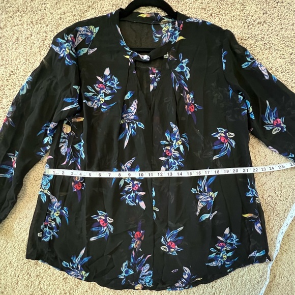 Black Sheer V Neck Long Sleeve Blouse - Picture 6 of 7